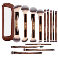 MAANGE 13-piece brush set in bag, organized for on-the-go makeup routines.