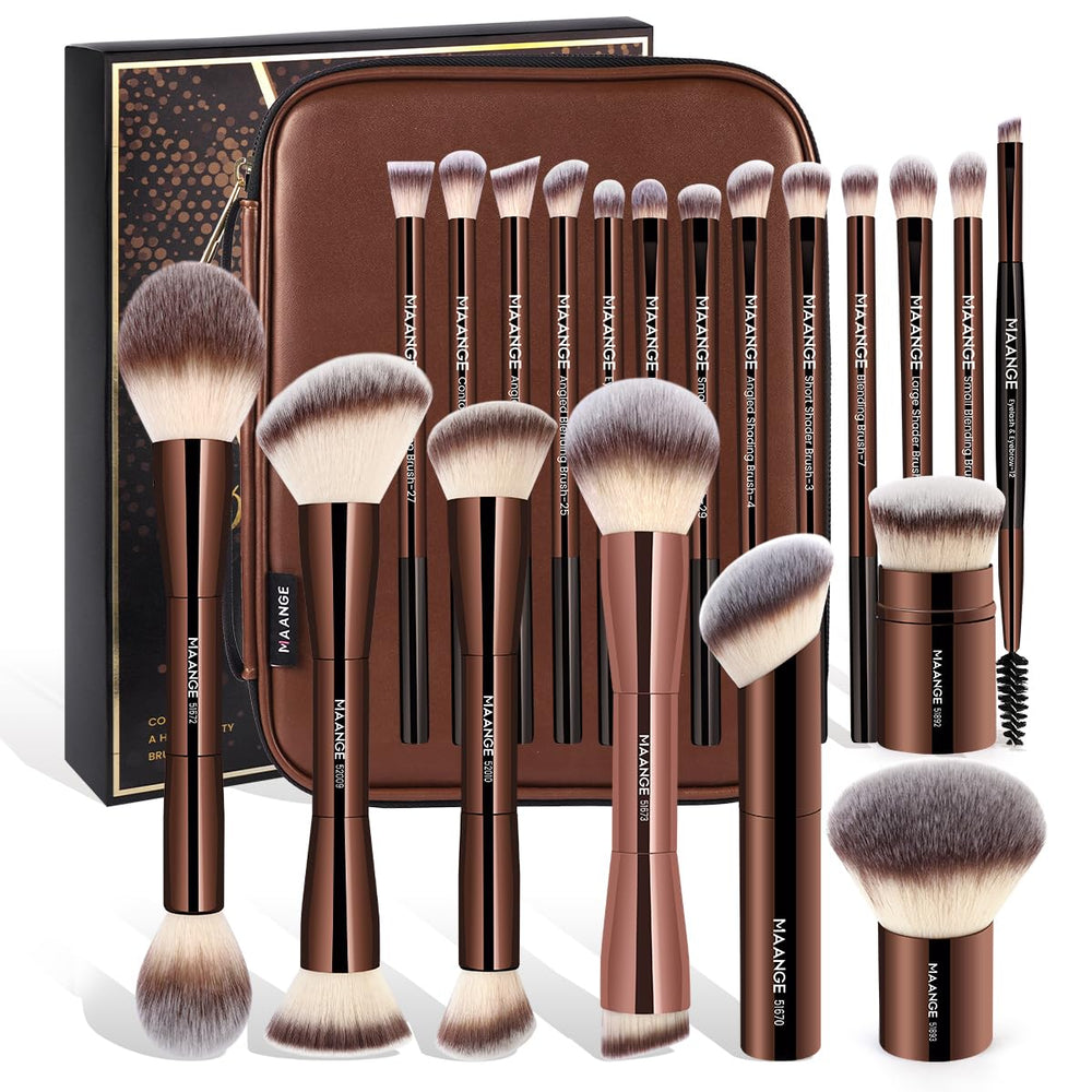MAANGE 21-piece makeup brush set with case for easy storage and travel.