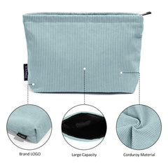 MAANGE green corduroy makeup bag side detail shows soft fabric and durable zipper