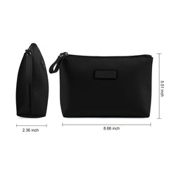 MAANGE cosmetic bag open with items in black, reveals interior layout and pockets.