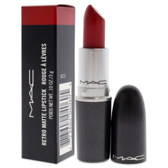 MAC Retro Matte Rub Ruby Woo lipstick texture close-up reveals smooth, even application.