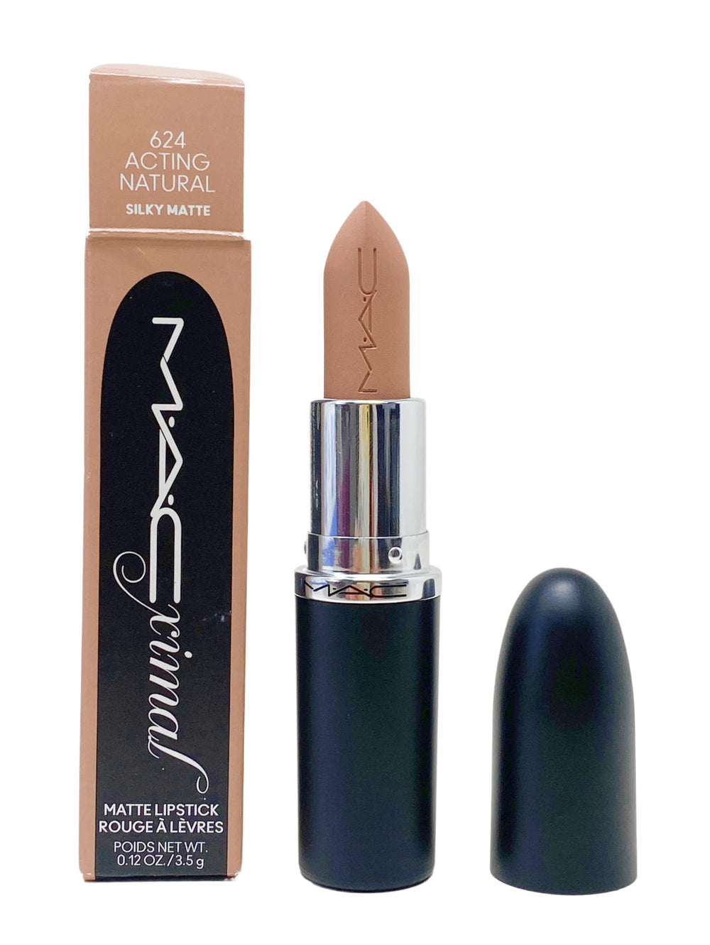MAC Ximal Labial 624 Actuando Natural, color cálido neutro con acabado sedoso y duradero.