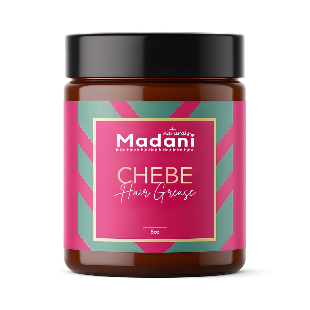 Madani Naturals Chebe Hair Grease bottle promoting scalp moisture and shine.