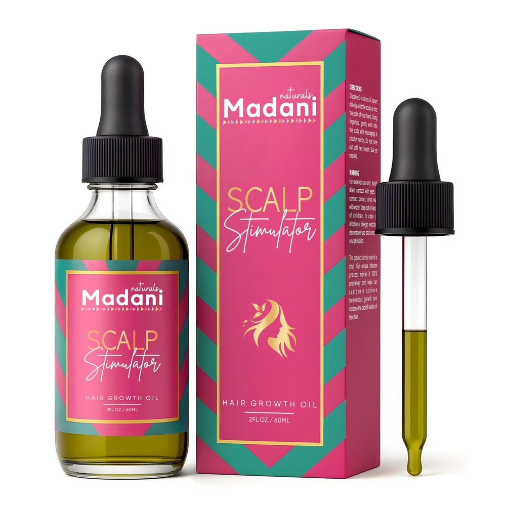 Madani Naturals Scalp Stimulator bottle close-up with rosemary and mint for scalp nourishment