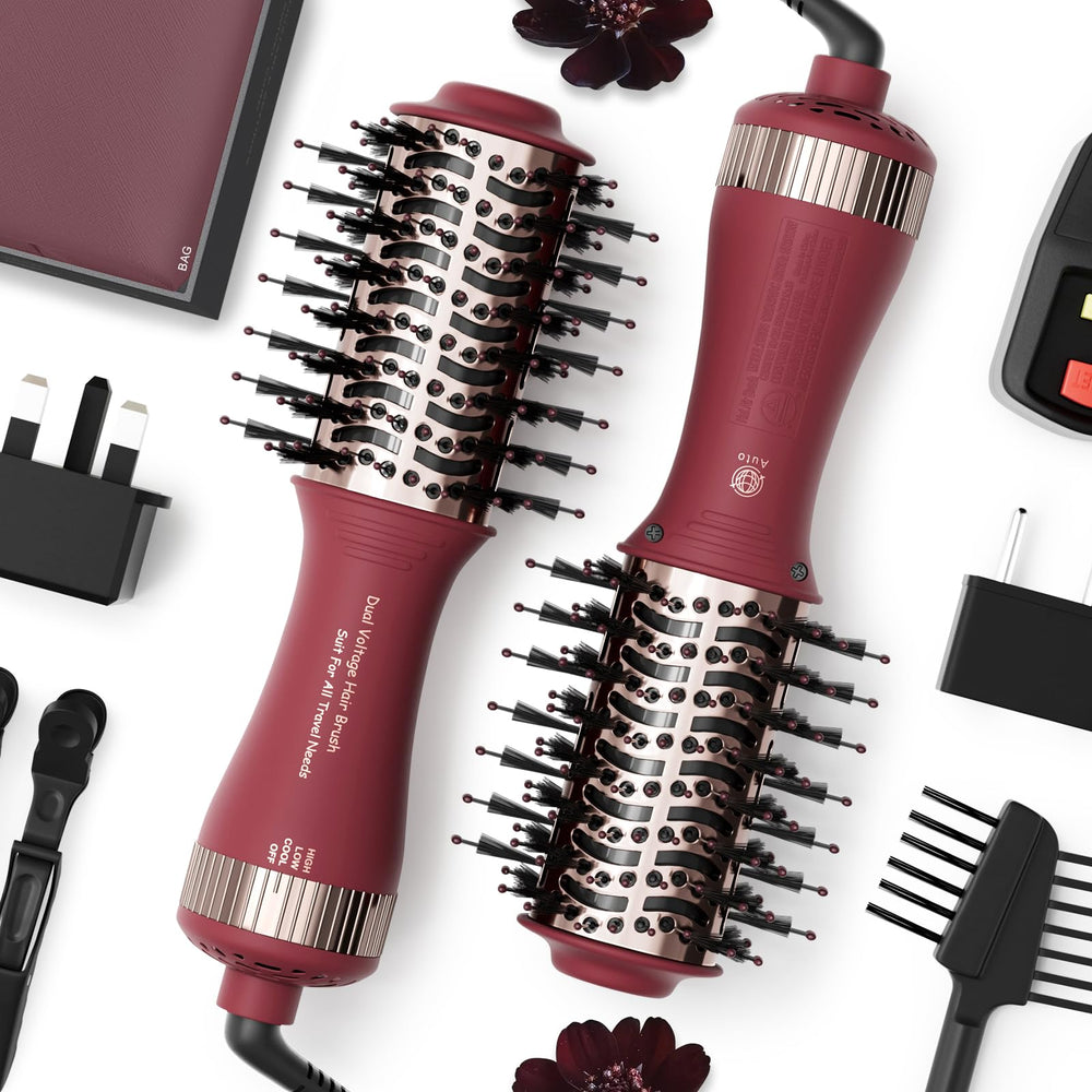Madremía dual voltage travel hair dryer brush for international styling on the go.
