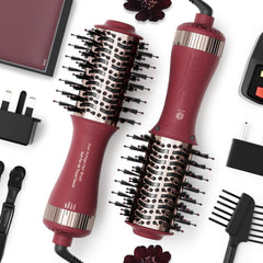 Madremía dual voltage travel hair dryer brush for international styling on the go.