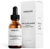 MAELOVE Glow Maker serum bottle close-up highlighting brightening formula.