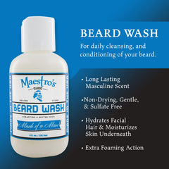 Maestro's Classic Beard Wash in grooming routine shows hydrating cleanse for beard and skin.