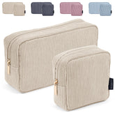 MAGEFY corduroy makeup bag beige front view, ideal for travel and daily carry.