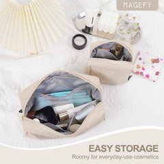 MAGEFY corduroy makeup bag beige interior pockets keep cosmetics organized on the go.