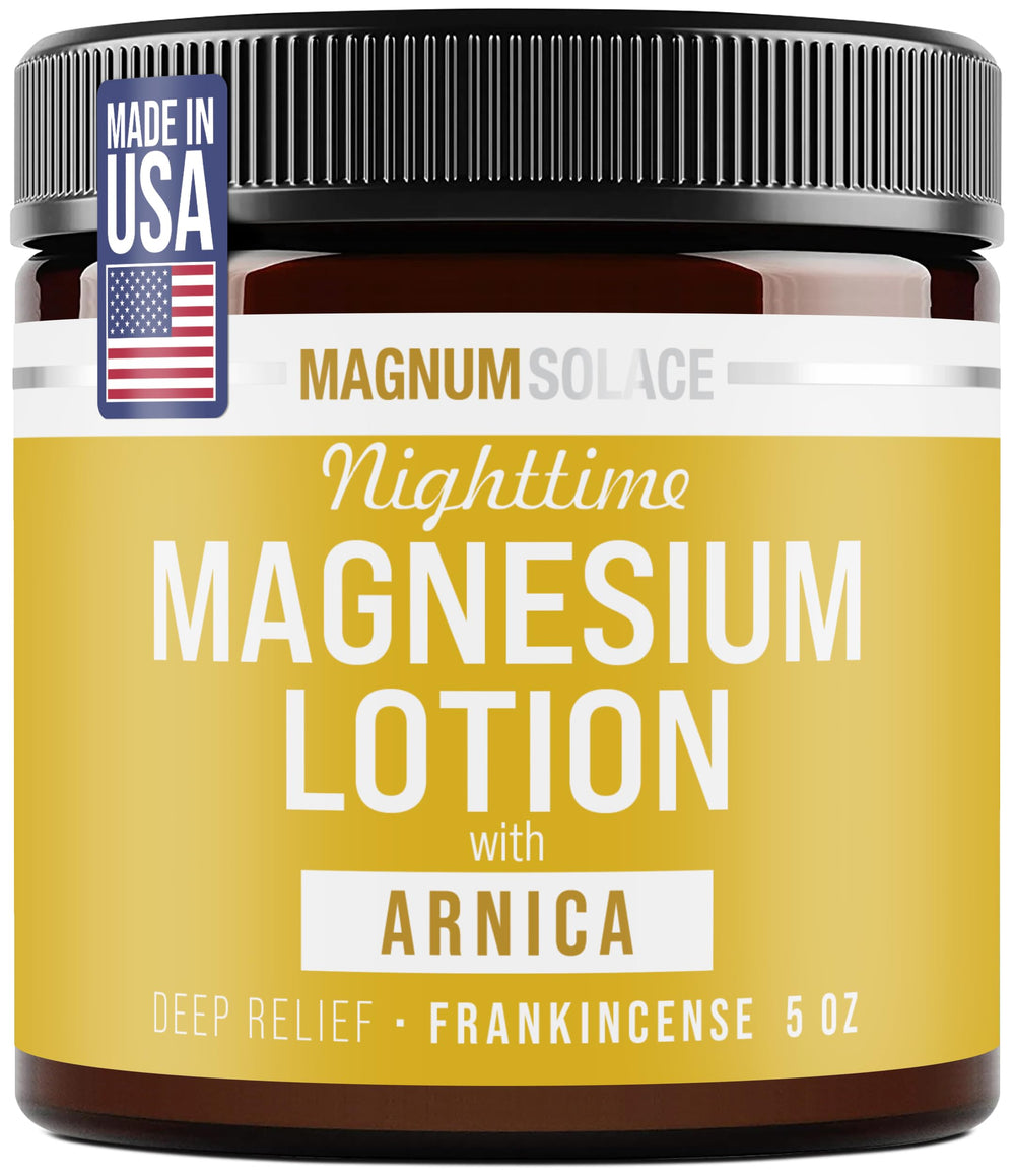 Loción nocturna Magnum Solace en botella para relajación nocturna y cuidado de la piel.
