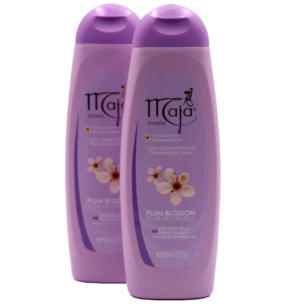 Maja flor de ciruelo crema corporal en botella para hidratación diaria.