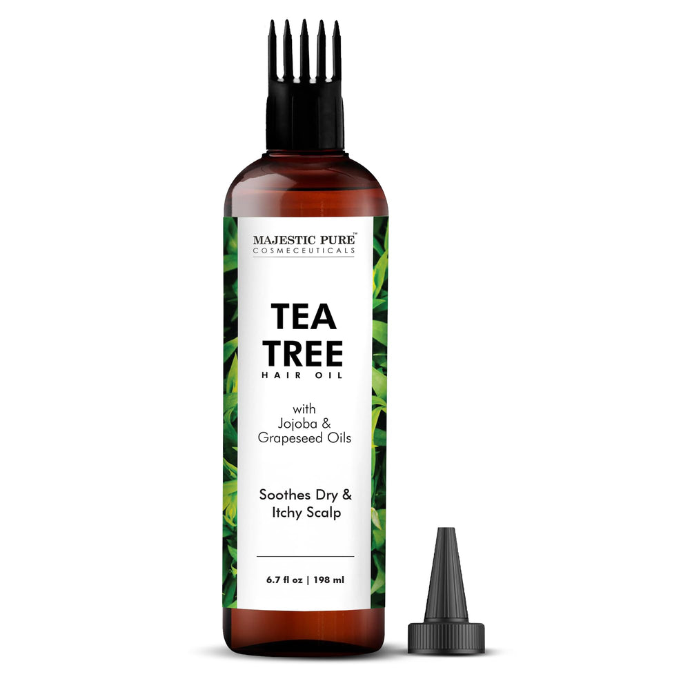 Majestic Pure Aceite Arbol de Te para cabello, foco en crecimiento y fortalecimiento.