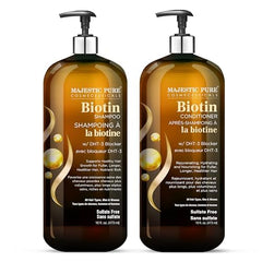Acondicionador Biotina Majestic Pure, botella, cabello suave y manejable tras lavado.