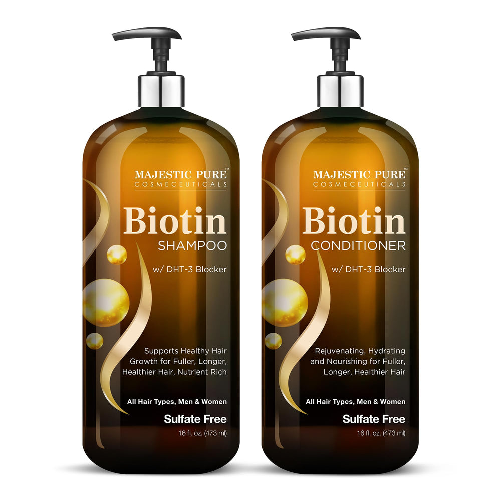 Champú de Biotina Majestic Pure, botella, cabello con más volumen y brillo.