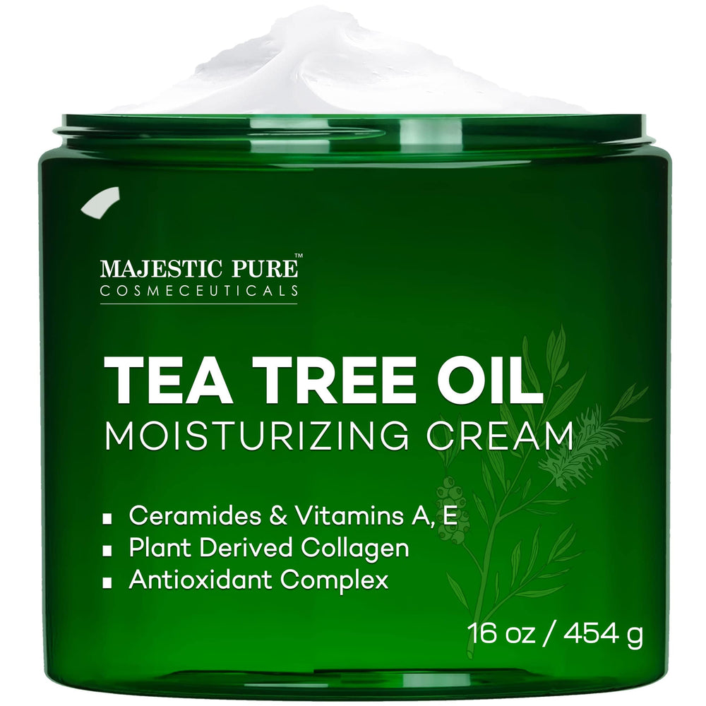 Majestic Pure crema hidratante de árbol de té en envase, para hidratación diaria.
