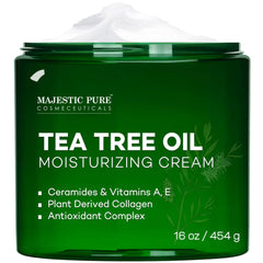 Majestic Pure crema hidratante de árbol de té en envase, para hidratación diaria.