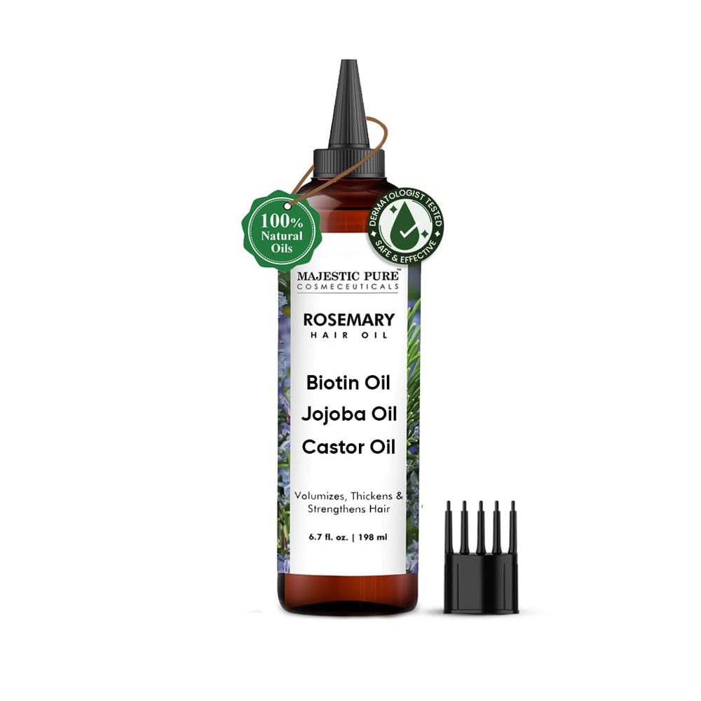 Majestic Pure Romero Aceite, botella frontal, aroma natural suave para el cuidado diario del cabello.