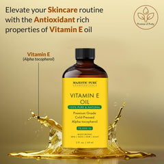 Majestic Pure Vitamin E Oil dropper enables precise facial and body application.
