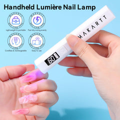 Makartt cordless flash cure lamp shows battery indicator for convenient DIY manicures.