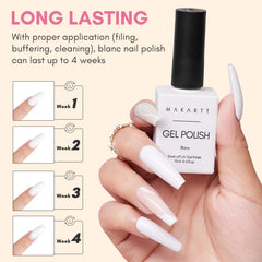 Makartt gel blanco con brillo duradero para manicuras que lucen limpias.
