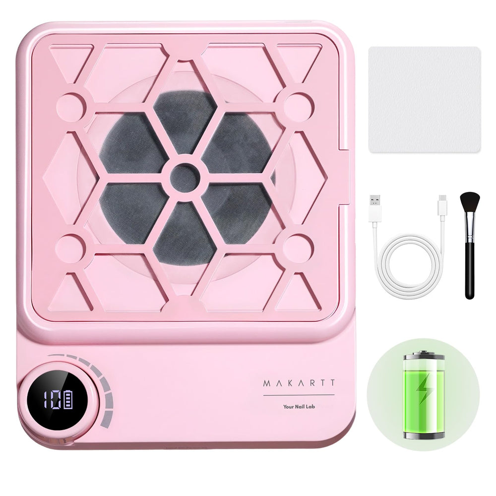 Makartt ERYNOS rechargeable nail dust collector with 5500 RPM suction for a clean acrylic session.