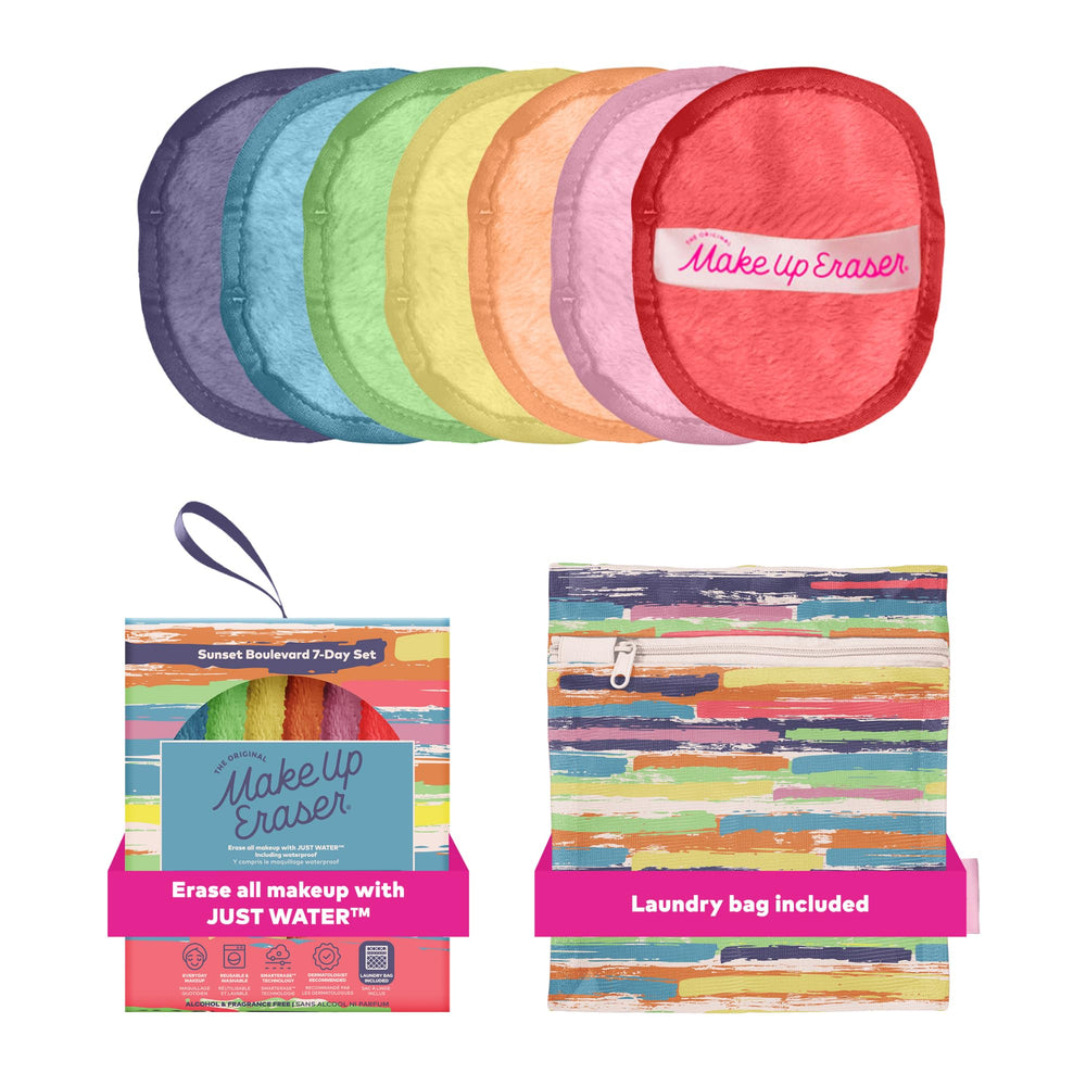 MakeUp Eraser Sunset Boulevard 7day set shown for eco-friendly makeup removal with water