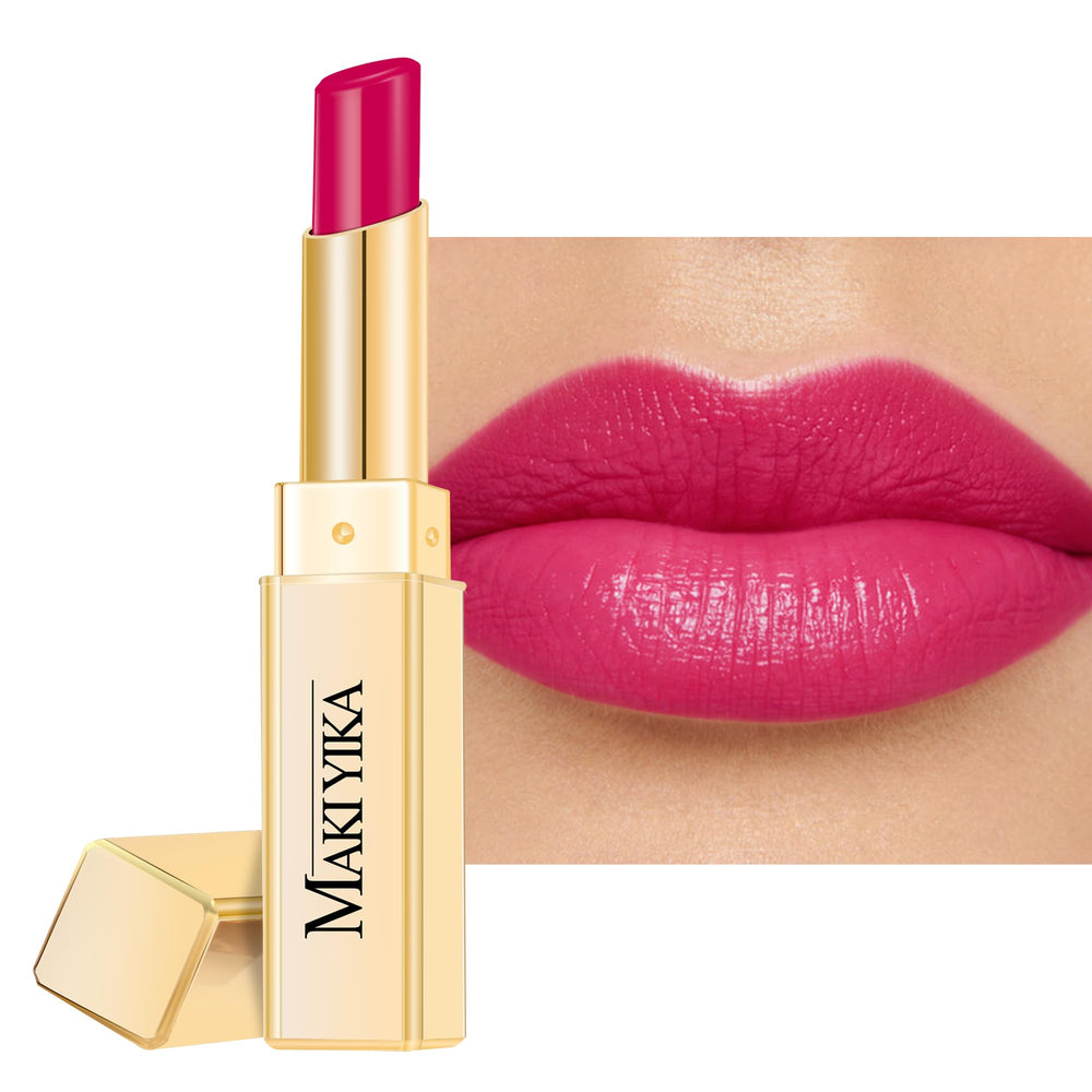 MAKI YIKA Moisture Hot Pink Lipstick packaging shows portable hydration for dry lips.