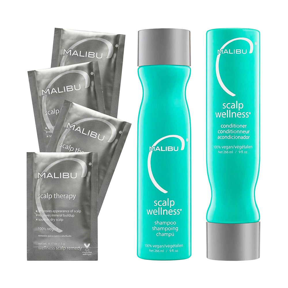 Malibu C Scalp Wellness Shampoo bottle pour provides a refreshing cleanse for the scalp