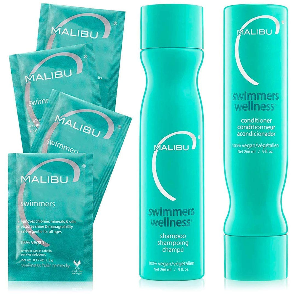 Malibu C Swimmers shampoo bottle pour removes chlorine residue for brighter, manageable hair
