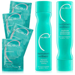 Malibu C Swimmers shampoo bottle pour removes chlorine residue for brighter, manageable hair