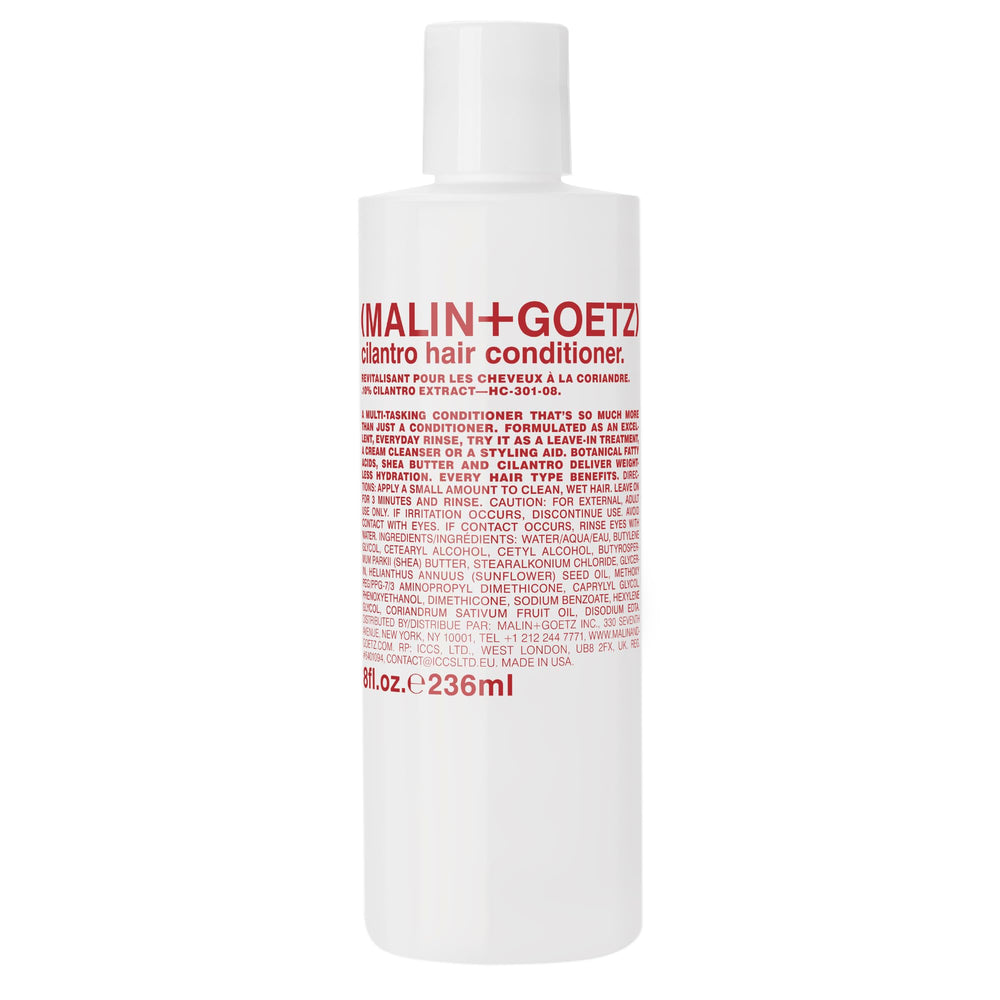 Malin + Goetz cilantro conditioner bottle close shows lightweight hydration for all hair types