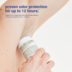 MALIN+GOETZ eucalyptus deodorant application demonstrates smooth glide for all day freshness.
