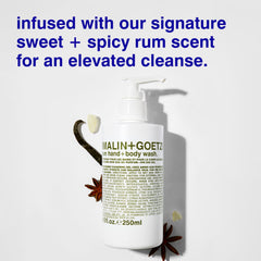 MALIN+GOETZ Rum Hand + Body Wash foam lather delivers a rich cleanse.