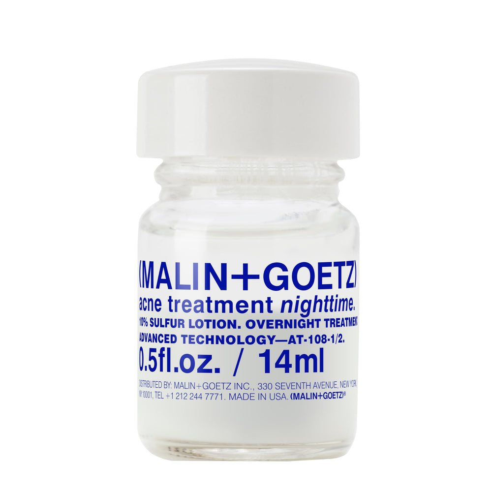 MALIN+GOETZ botella del tratamiento nocturno para acné, enfoque en puntos.