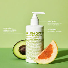 MALIN+GOETZ Vitamin B5 Body Lotion texture close-up highlighting lightweight absorption.