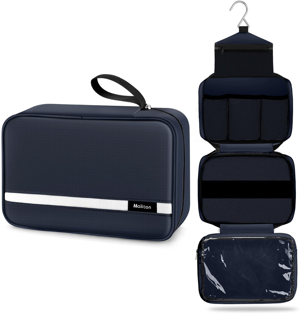 Maliton toiletry bag navy waterproof texture shown for travel durability and spill protection.