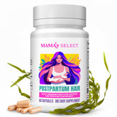 Mama's Select postpartum hair vitamins bottle front, showcasing safe formula for breastfeeding mothers.