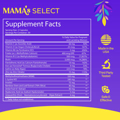 Mama's Select bottle side, highlighting capsule count for daily hair nutrition.