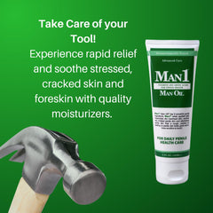 Man1 Man Oil penile health cream pour action showing easy dispensing for on-demand use.