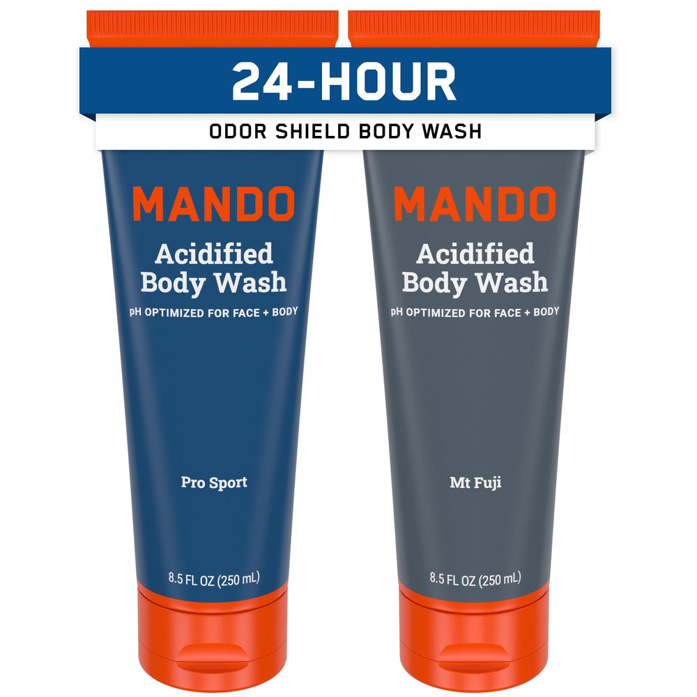 Mando Acidified Body Wash bottle showing balanced pH for lasting freshness
