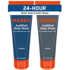 Mando Acidified Body Wash bottle showing balanced pH for lasting freshness