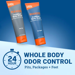 Mando Acidified Body Wash packaging emphasizing safe, skin-friendly formula