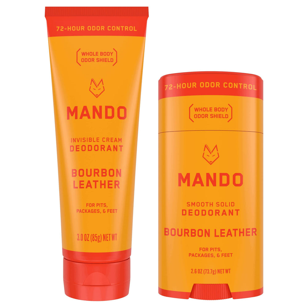 Mando Bourbon Leather Deodorant bottle shows long-lasting odor protection for all-day freshness.