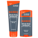 Mando cream tube application showing all-day odor control and smooth skin.