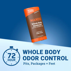 Mando deodorant stick smooth texture close-up for easy, comfortable application.