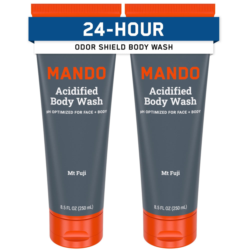 Mando Odor Shield Body Wash bottle showing 24-hour odor control feature.