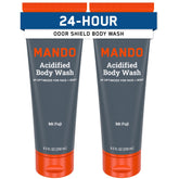 Mando Odor Shield Body Wash bottle showing 24-hour odor control feature.