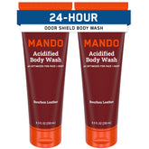 Mando Odor Shield Body Wash bottle shows Bourbon Leather scent for all-day odor control.