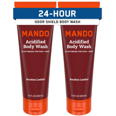Mando Odor Shield Body Wash bottle shows Bourbon Leather scent for all-day odor control.